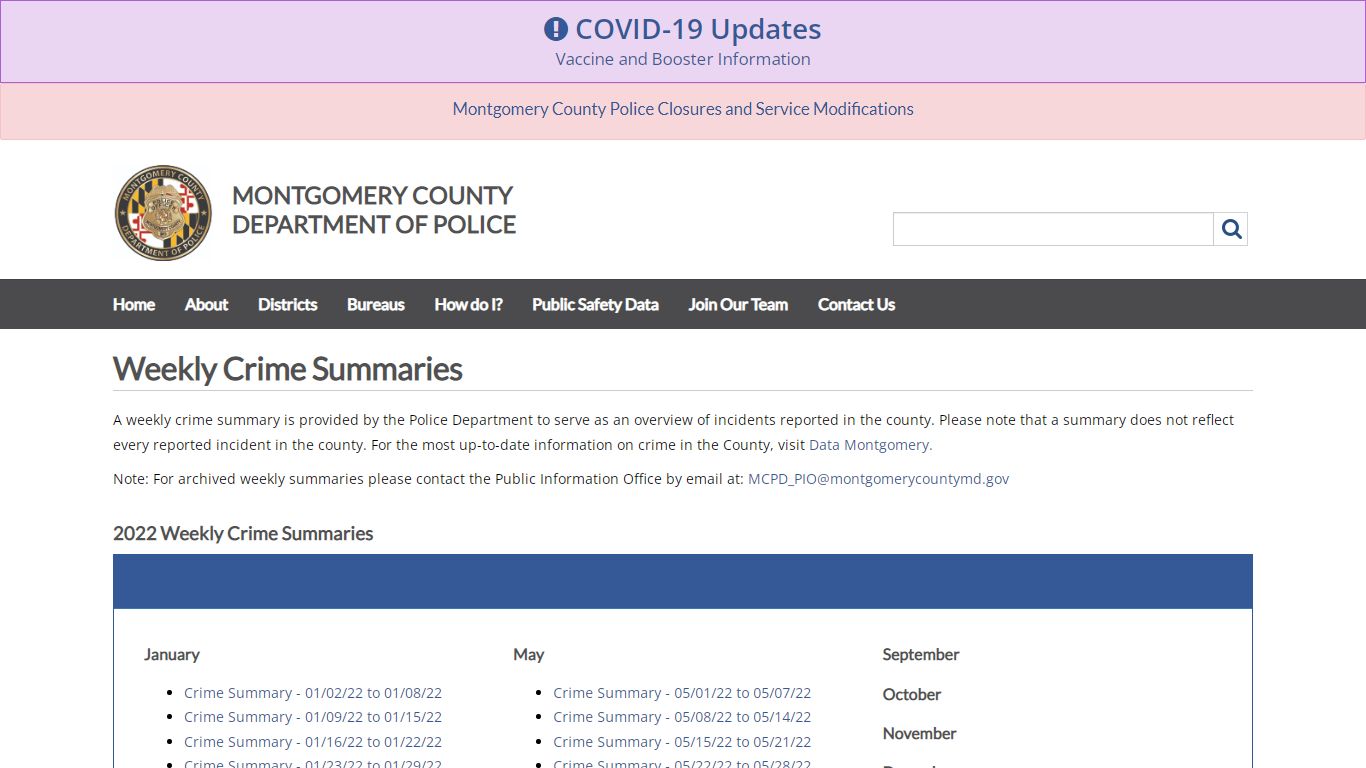 Weekly Crime Summaries page, Montgomery County Police Department ...